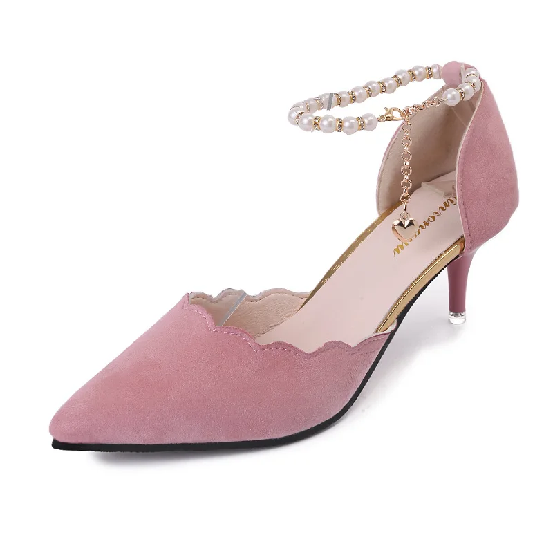 

Spring and Summer 2019 New Fashion European and American Tip-top Shallow High-heeled Beaded One-word Buckle Sandals