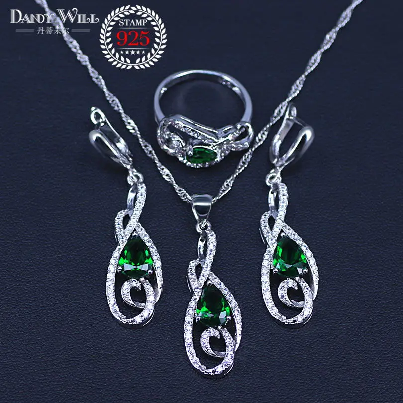 Зеленые камни белый циркон для женщин серебро 925 ювелирные наборы серьги/кулон/ожерелье/кольца/браслеты для невесты набор коробка - Окраска металла: Three Piece
