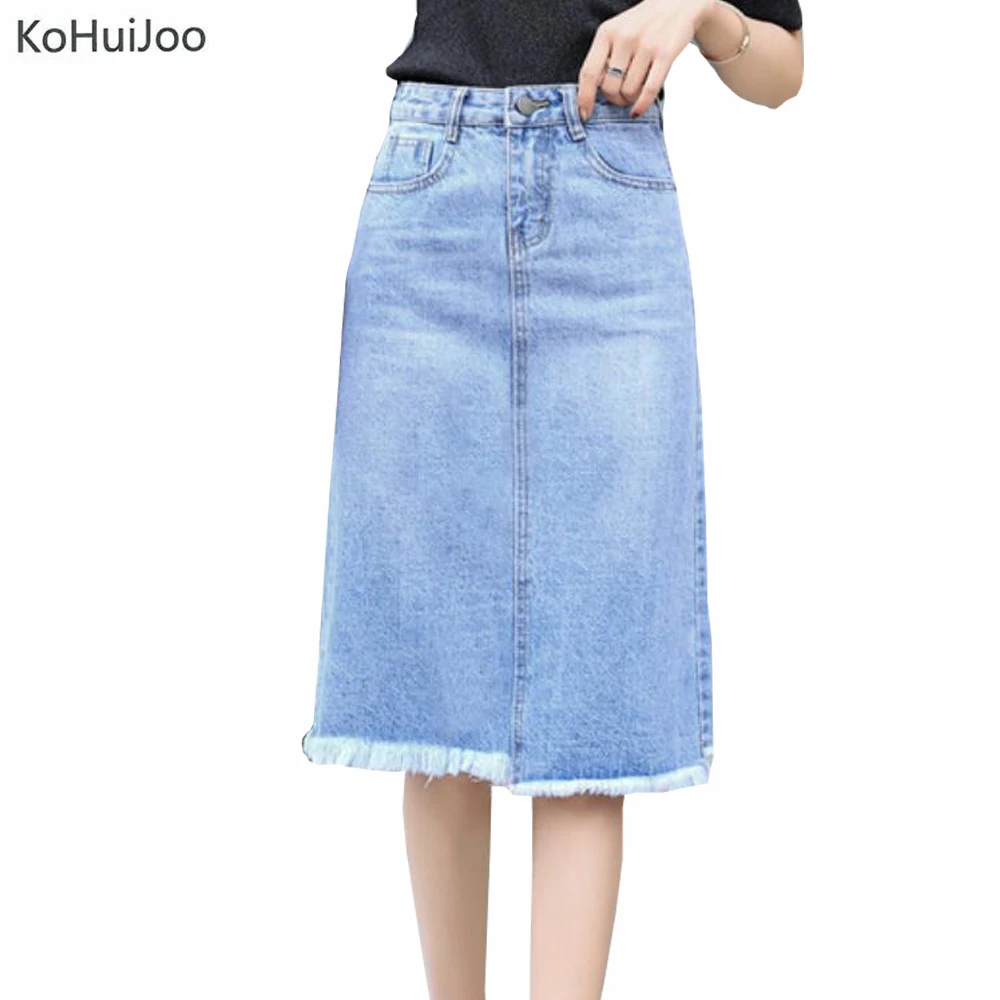 KoHuiJoo Plus Size Blue Jean Skirt Women Pockets Sollid Casual Summer Tassel Denim Skirts Ladies
