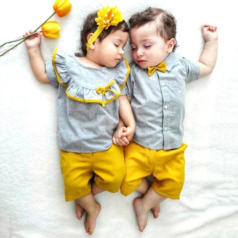 

2019 Summer Kids Baby Big Little Sister Brother Short Sleeve T shirt Bow tie Ruffle Tops Shorts Outfit Clothes Set