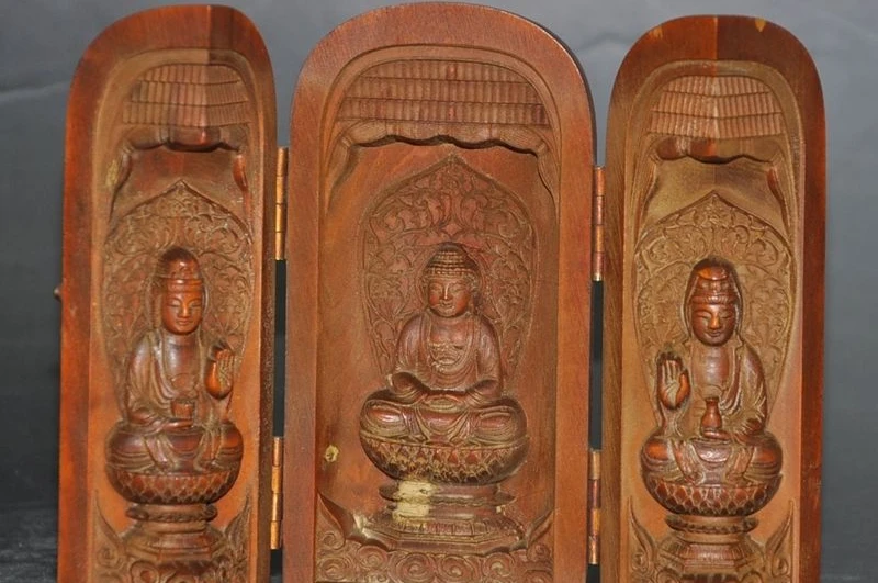 

old tibet buddhism Boxwood carved KwanYin Shakyamuni GuanYin 3 god buddha statue