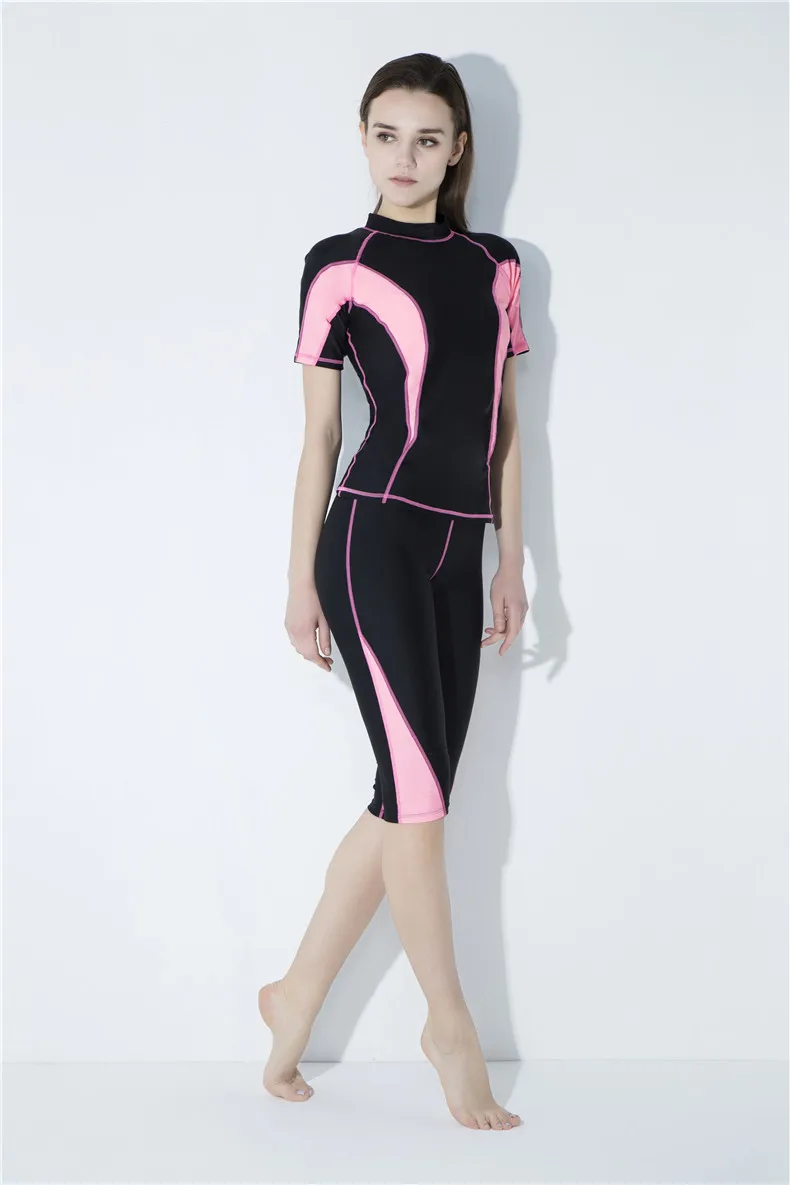 

Women Swimwear Two Pieces Swimsuit Short SleeveTops and Half Length Pants Rash Guard Slim Summer Swimming Diving Suits Wetsuits