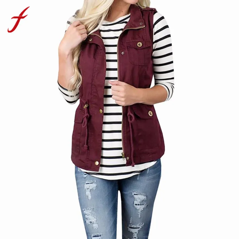 

Women's Lightweight Sleeveless Stretchy Drawstring Jacket Vest with Zipper