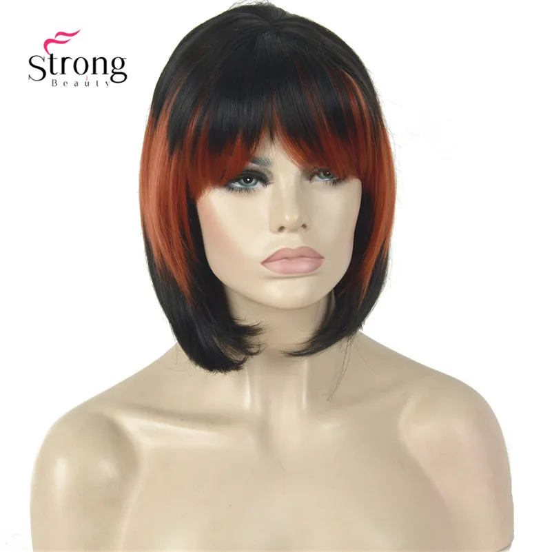 

Short Black Red Mix color Part with Bangs Full Synthetic Wig