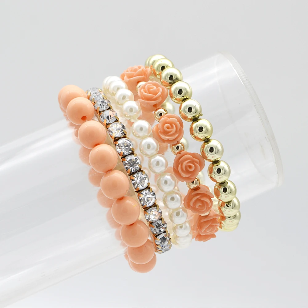 

5 pcs/set Bohemian Simple Style Women Bracelet Cute Rose Flower Imitation Pearl Beads Bracelet & Bangles Handmade DIY Jewelry