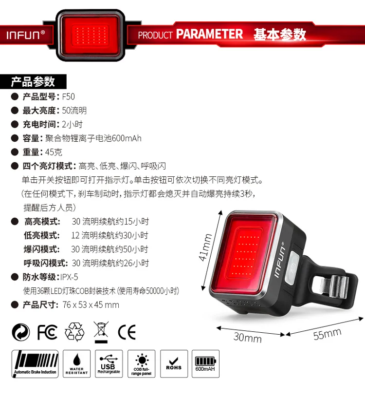 INFUN велосипедный задний светильник для велоспорта автоматический тормоз индукционный задний светильник MTB USB зарядка дышащий светодиодный светильник для велосипеда