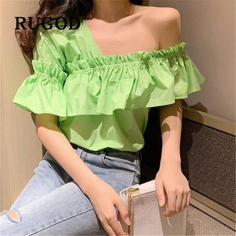 

RUGOD 2019 new arrival womens tops and blouses Off-the-shoulder irregular ruffle bluzki damskie loose waist slim roupas feminin