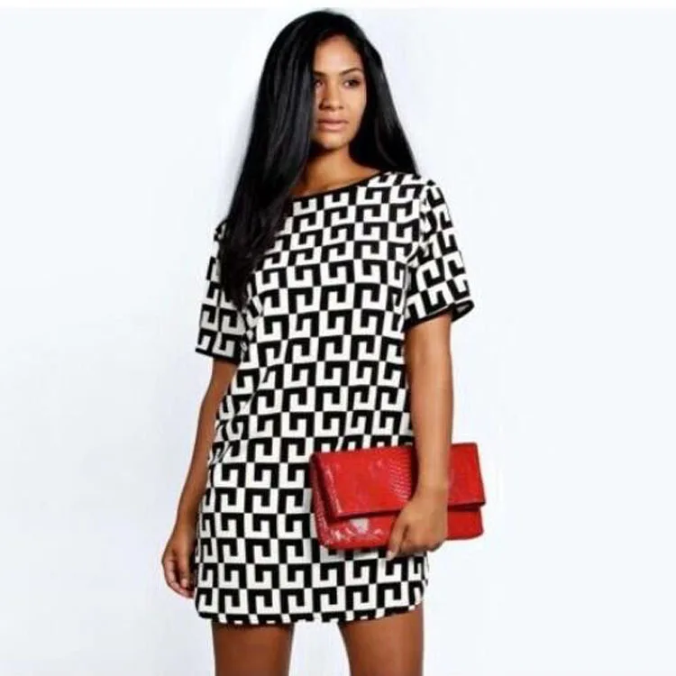 

Charmed geometry Printing Round Neck Short Sleeve Chiffon Dress Black And White Lattice Office Formal Work Dress Robe Femmeq**