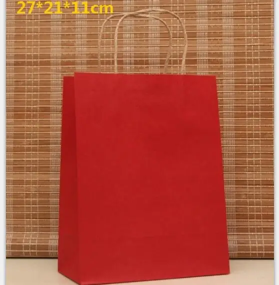 10PCS/lot Red kraft gift paper bag with handle 27*21*11cm Multifunction