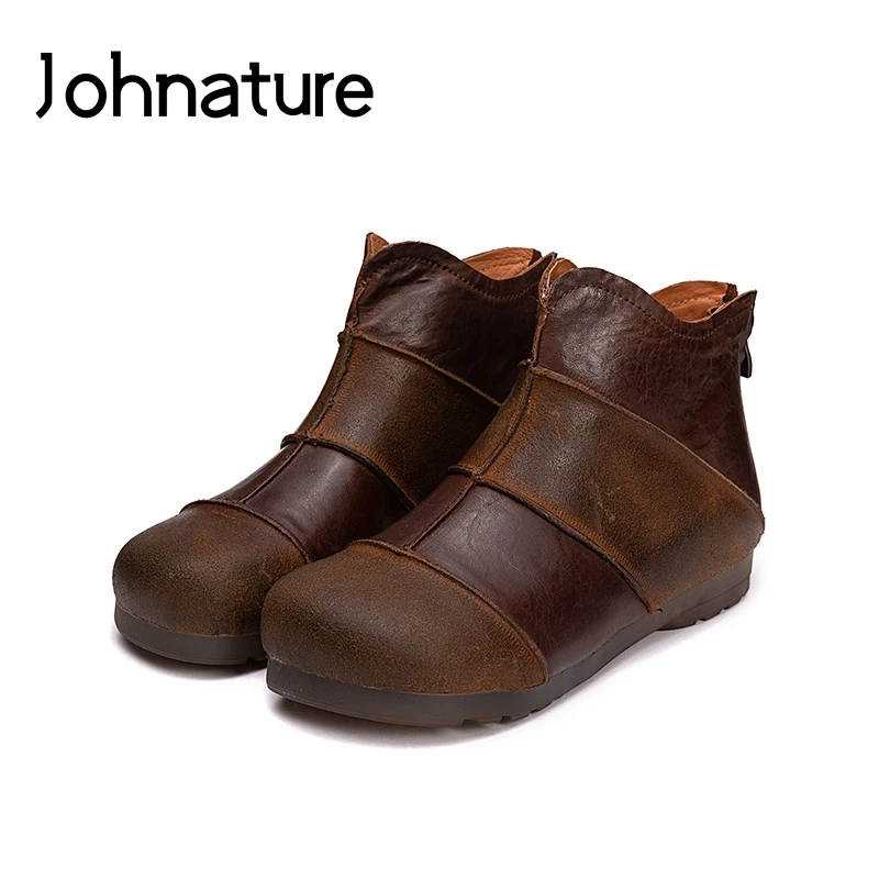 Женские ботильоны из натуральной кожи Johnature с круглым носком на плоской подошве в