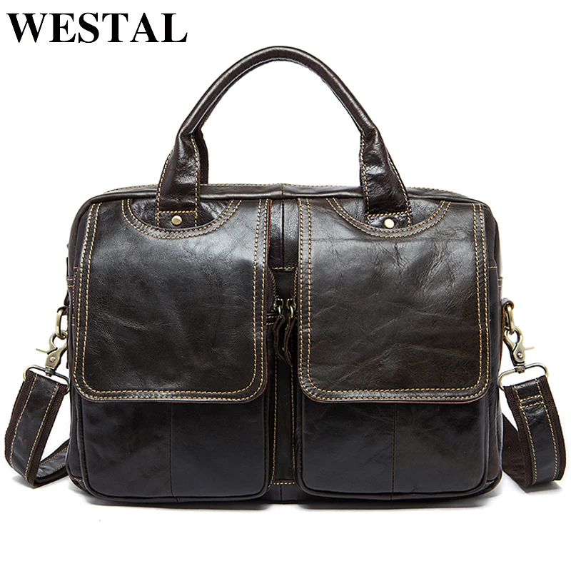 WESTAL Bag Men Leather Briefcases for 14'' Laptop Bag Business Men Bags for Document Computer Messenger Laptop Briefcases 8002