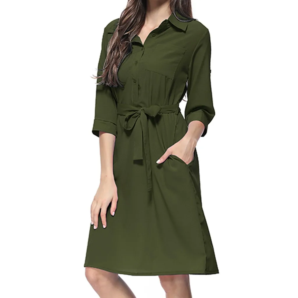 Summer Dress Women Fashion Casual Solid Color Pockets Button Turn-down Collar Three Quarter Sleeve Knee Length Vestidos OY41 - Цвет: As the photo show