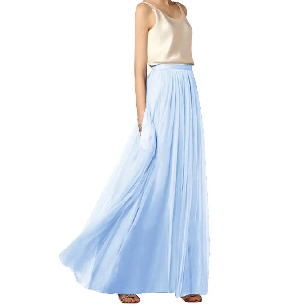 Женская длинная юбка макси, мягкая Тюлевая юбка, эластичная резинка на талии, свадебные макси юбки, вечерние, бохо, Винтажная летняя юбка макси - Цвет: Blue