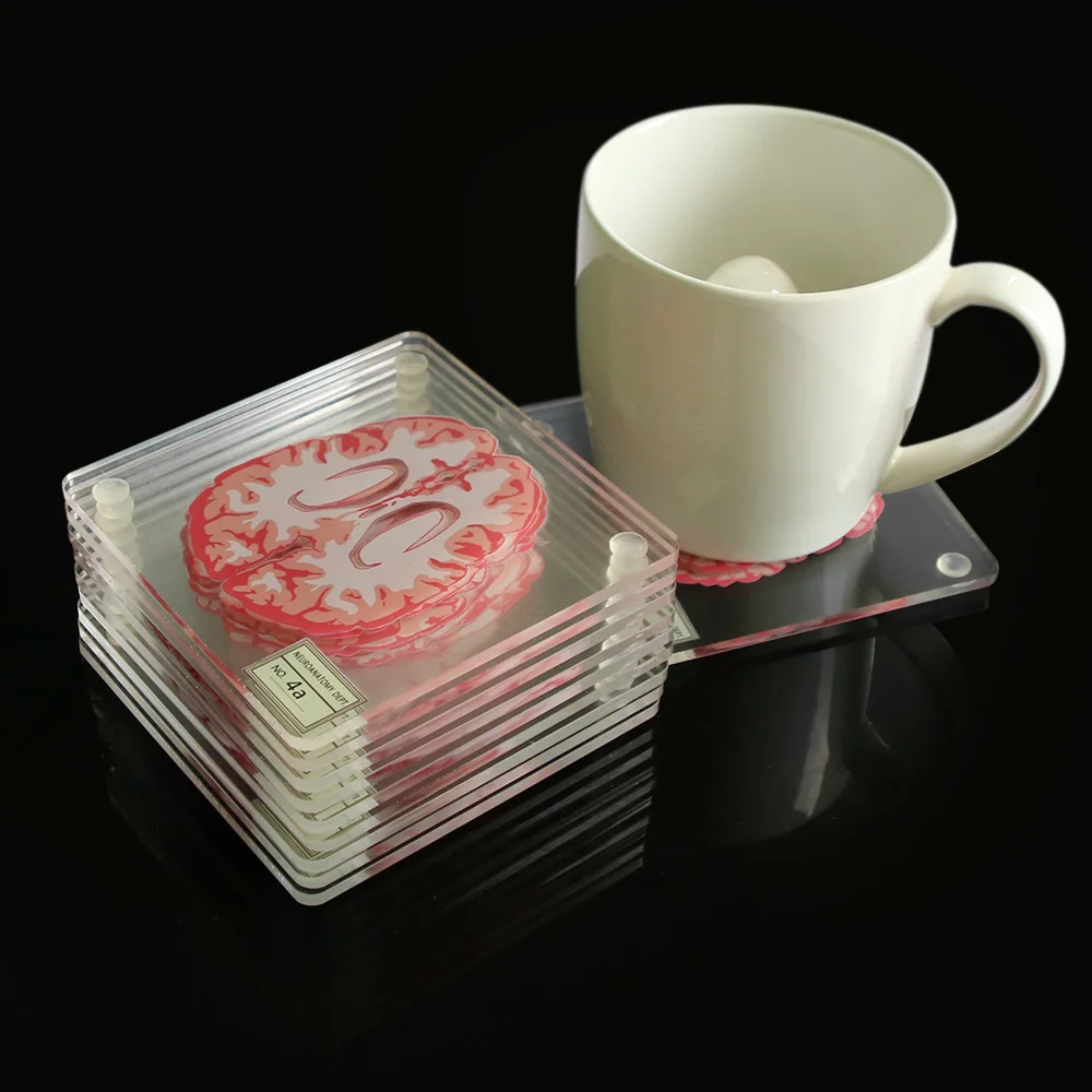  Brain Specimen Coasters Set 3D Organ Brain Artwork Brain Slices Square Acrylic Glass Drinks Table C