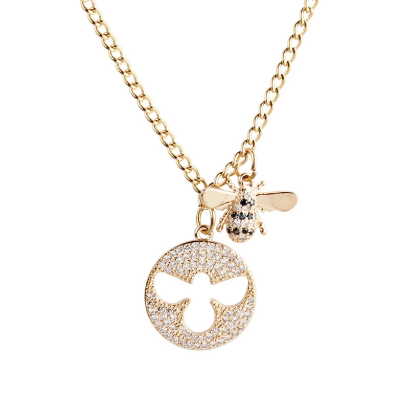 

Women Stainless Steel Necklace Bee Pendants Girls Rose Gold Color Chain Crystal Choker Valentines Gift Jewellery long fashion