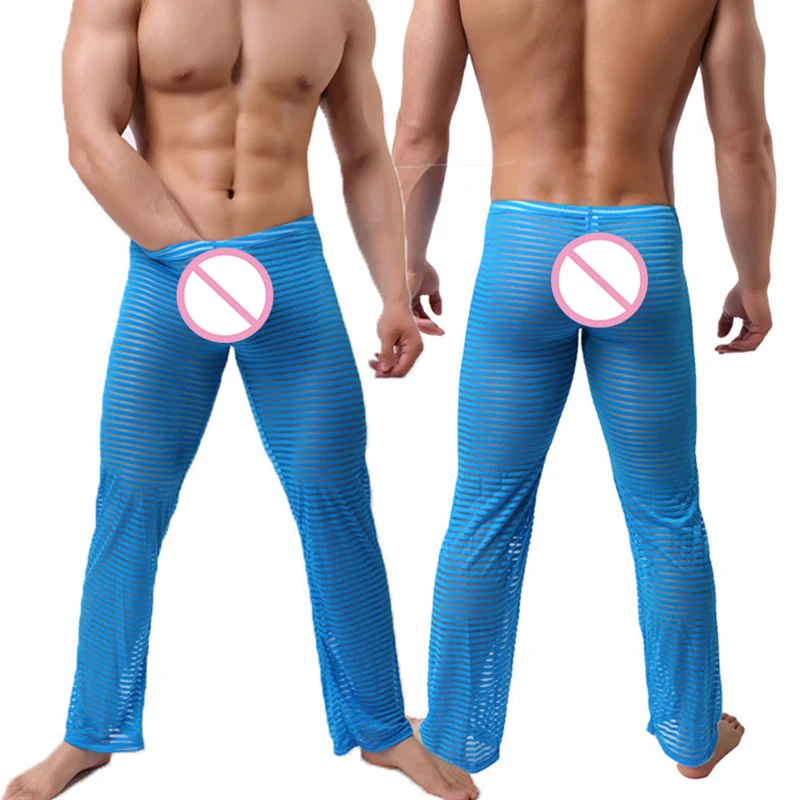 Мужские сексуальные прозрачные штаны для отдыха, пижамы для геев, забавные полосатые длинные пижамные штаны, удобные штаны для сна