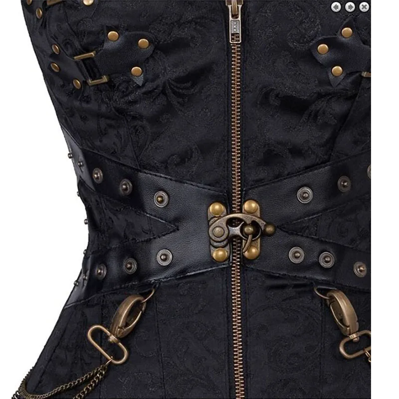 Steampunk Clothing Black Brocade Leather Corsets With Chains Sexy Punk Shapewear Slimming Belt Waist Trainer Overbust Corset Top W31240 (4)