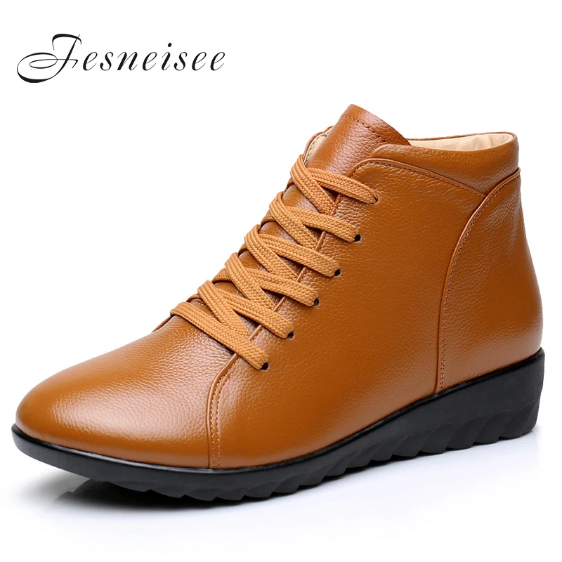 

New Winter Women Boots Genuine Leather Flat Heel Ankle Shoes Women's Casual Boots Female Flats Lace up Boots Plus Size34-43 Q45