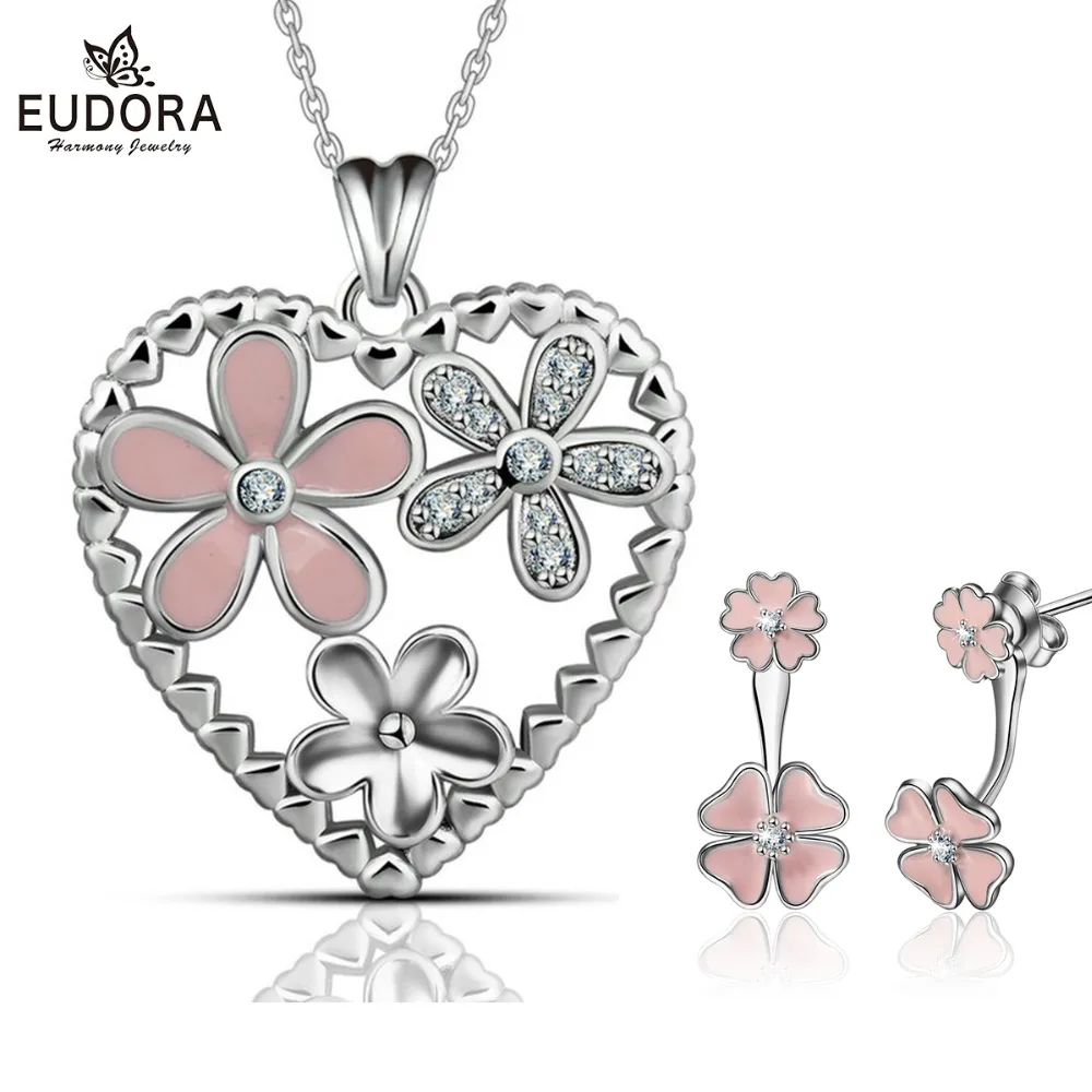 

EUDORA 925 Sterling Silver Fashion Jewelry Set Pink Flower Pendant Necklace Cherry blossom Earring Women Fine Jewelry E02D71