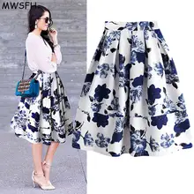Цветочные юбки с принтами длина до колена расклешенное бальное платье круг плиссированные Высокая талия миди юбки Saia размера плюс Длинная женская юбка