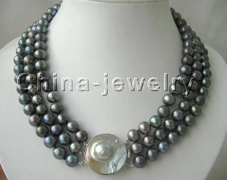 

Wholesale 17-19"3row 9mm black round freshwater pearl necklace-925 silver Mabe pearl clasp