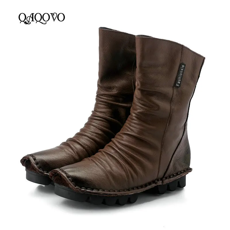 

Women Shoes Flat Ankle Boots Fashion Square Toe Genuine Leather Zipper Boots Comfortable Autumn Winter Ladies Boots Black Gray