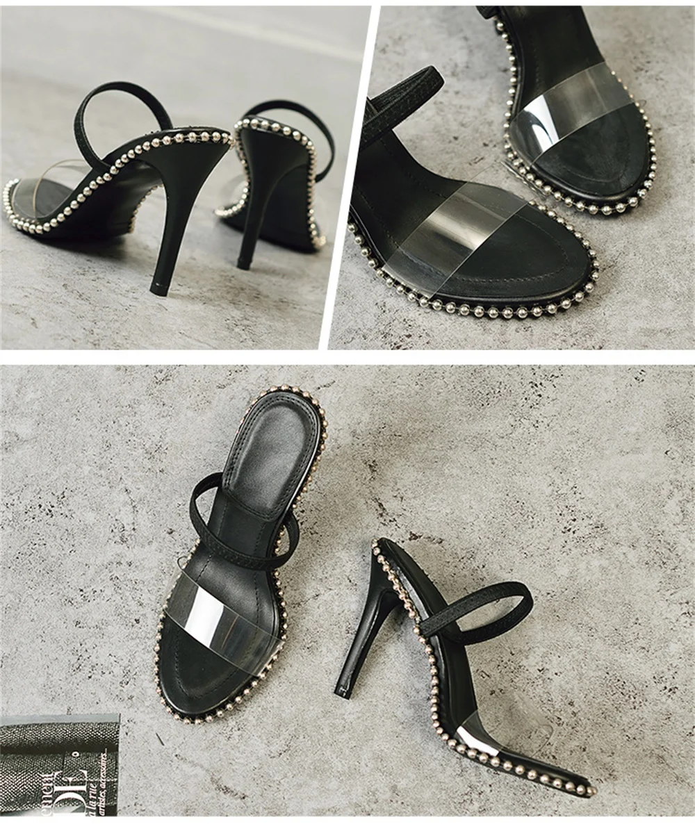 HIBISMIX/женские черные босоножки на высоком каблуке с заклепками; коллекция года; Модные прозрачные женские туфли из ПВХ на тонком каблуке; пикантные туфли с ремешком на пятке; 1188