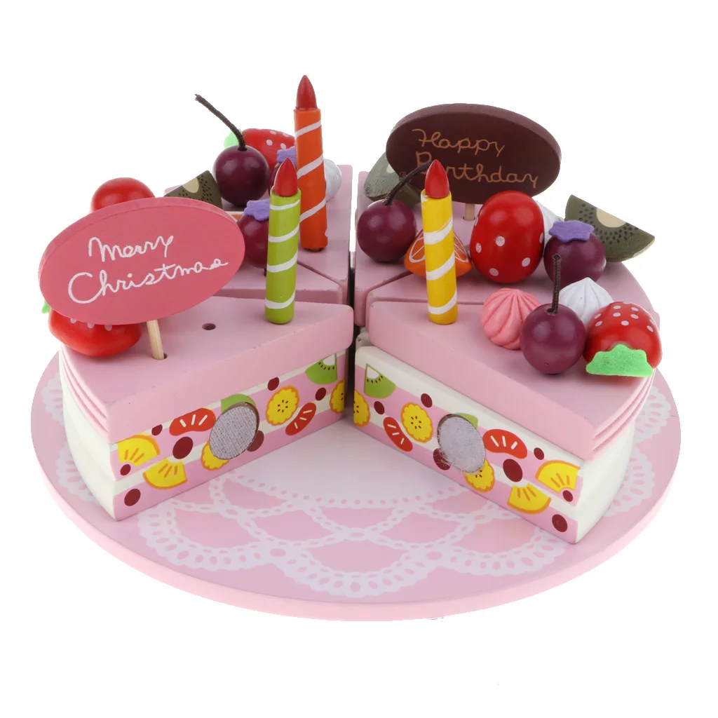 Large Merry Christmas Fruit Birthday Cake & Tableware Wooden Cutting Toys Developmental Pretend Play Game Playset