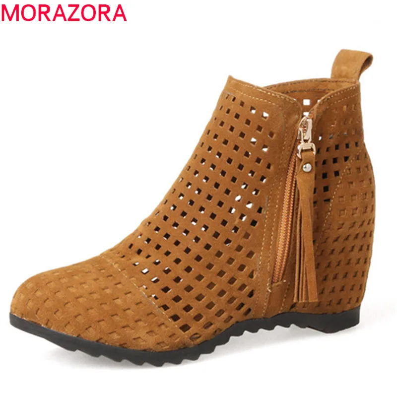 

MORAZORA 2020 big size 34-43 ankle boots for women round toe zipper flock spring summer shoes hollow out fashion boots female