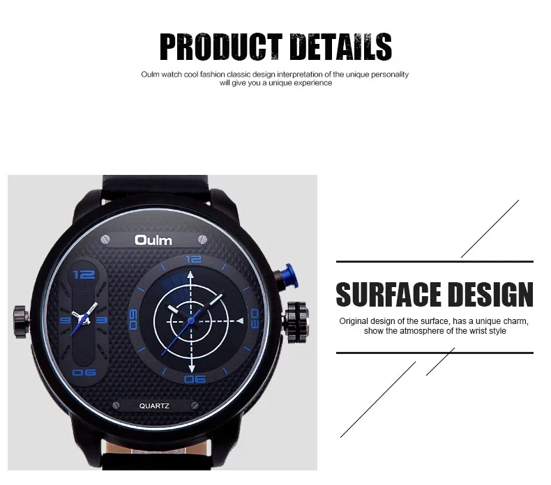 Oulm New Fashion Two Time Zone Wristwatch Big Size Genuine Leather Men's Watches LED Radar Style Male Quartz Watch