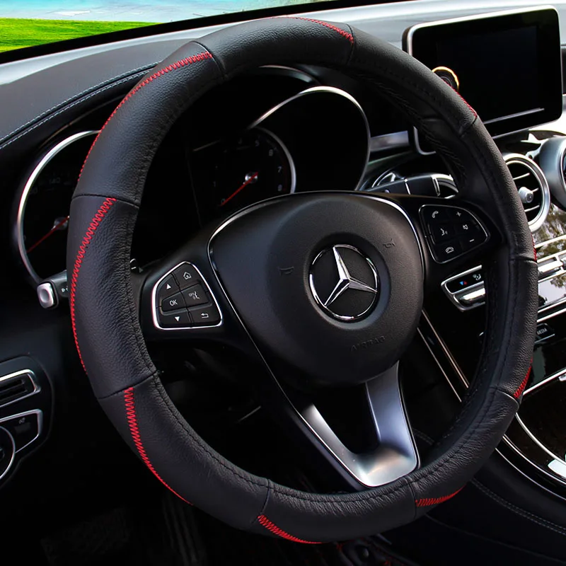 

KKYSYELVA New Leather Car Steering Wheel Cover Red 38cm Diameter Universal Size Car inner accessories Auto wheel covers