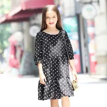 Baby Girl Dresses 2016 Black Polka Dot Chiffon Dress White Dotted Clothing for Girls Age 5 6 7 8 9 10 11 12 13 14T Years Old