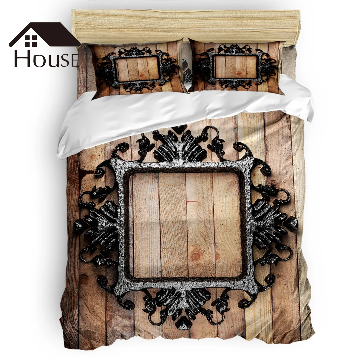 

BIGHOUSES Duvet Cover Set Ironwood Border Ancient Door Decoration Modern Duvet Cover 4 Piece Bedding Set