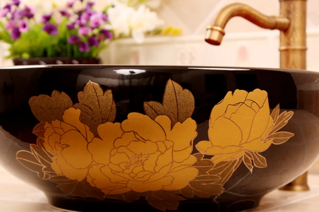 Colorful Peony Europe Vintage Style Ceramic Art Basin Sinks Counter Top Wash Basin Bathroom Vessel Sink vanities round bowl sink (6)
