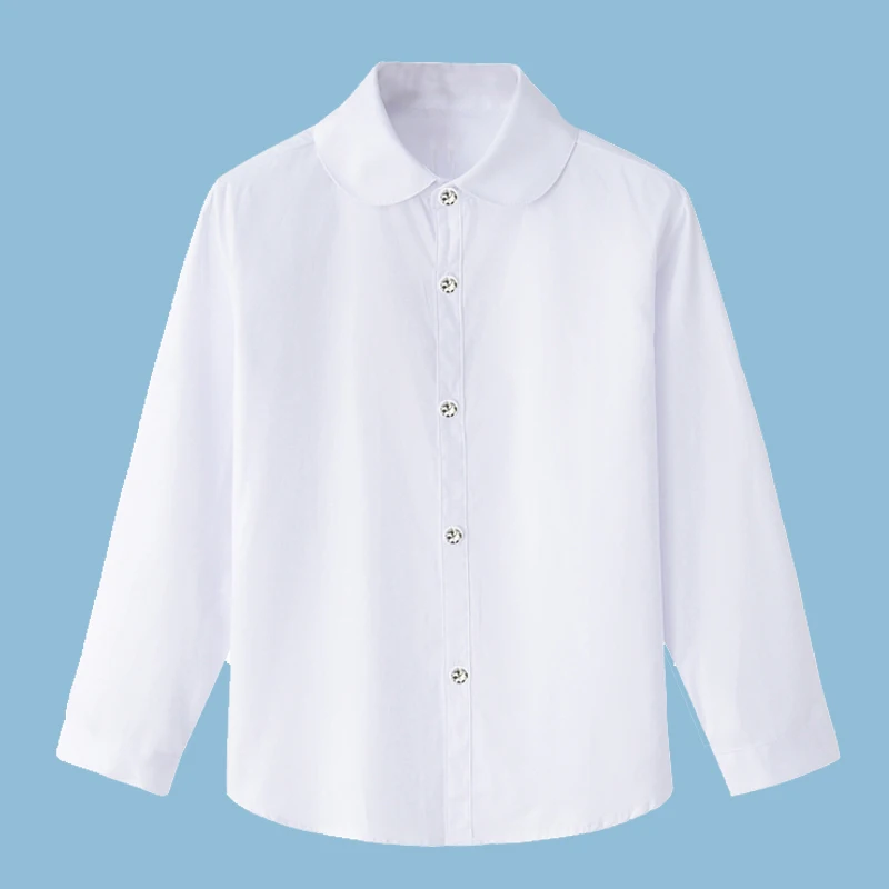  Girls White Shirts for Students Uniform Long Sleeve Solid 100% Cotton Blouse Teenagers School Cloth