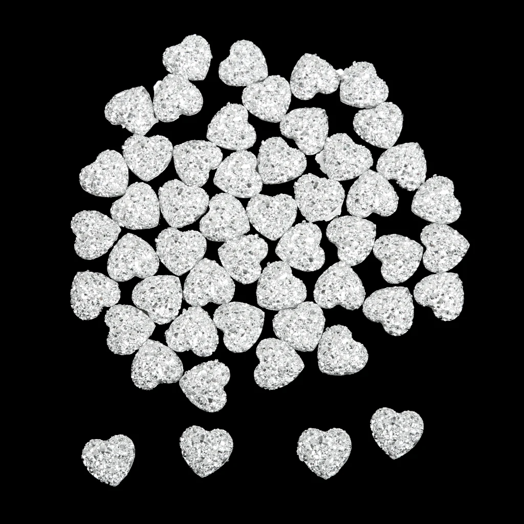 50pcs Silver Resin Rhinestone Heart Flatback Embellishments for Scrapbooking DIY Crafts Accessories 
