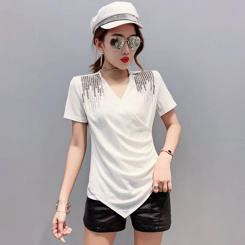 

Gkfnmt Sexy V-Neck Diamond White T shirt Women Tshirt Plus Size Female Gray T-Shirt Women Tops Cool Black Tee Shirt Femme 2019