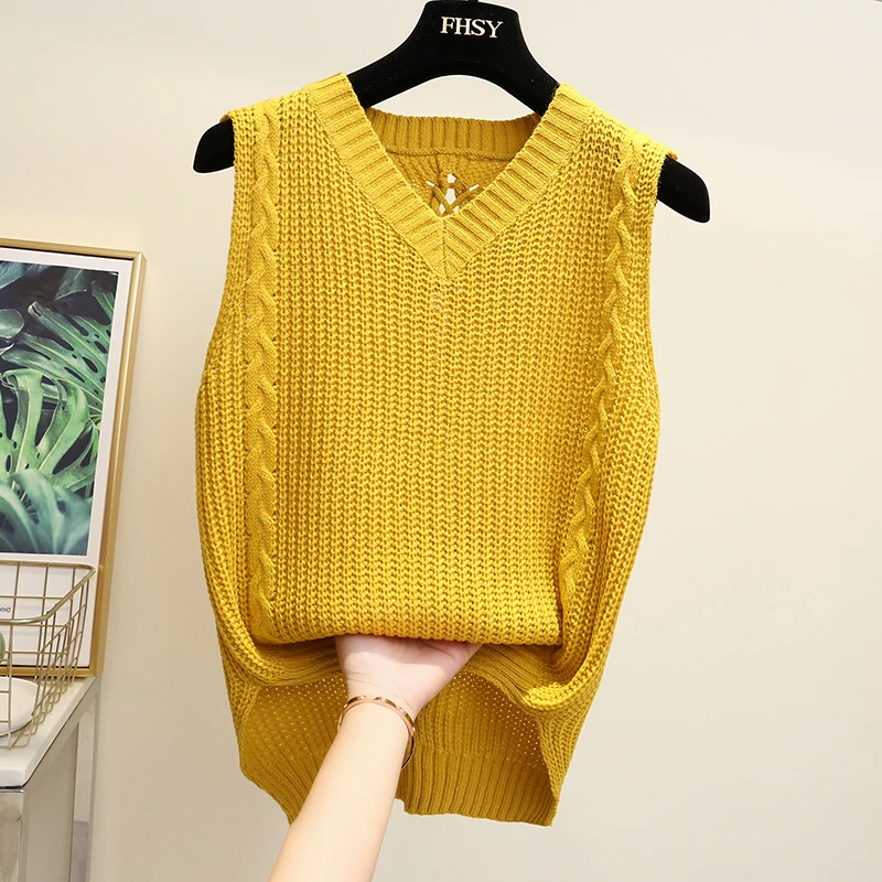 Autumn Women Spring Sleeveless V-neck Knitted Vest Coat Twist Drawstring Irregular Hem Sweater Tank Tops Knit Pullovers Vests