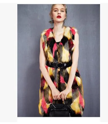2017 Women Long Section Colorful Man-Made Fur Vest Coats Winter And Autumn Female Casual Waistcoats Sleeveless Fur Jacket K439