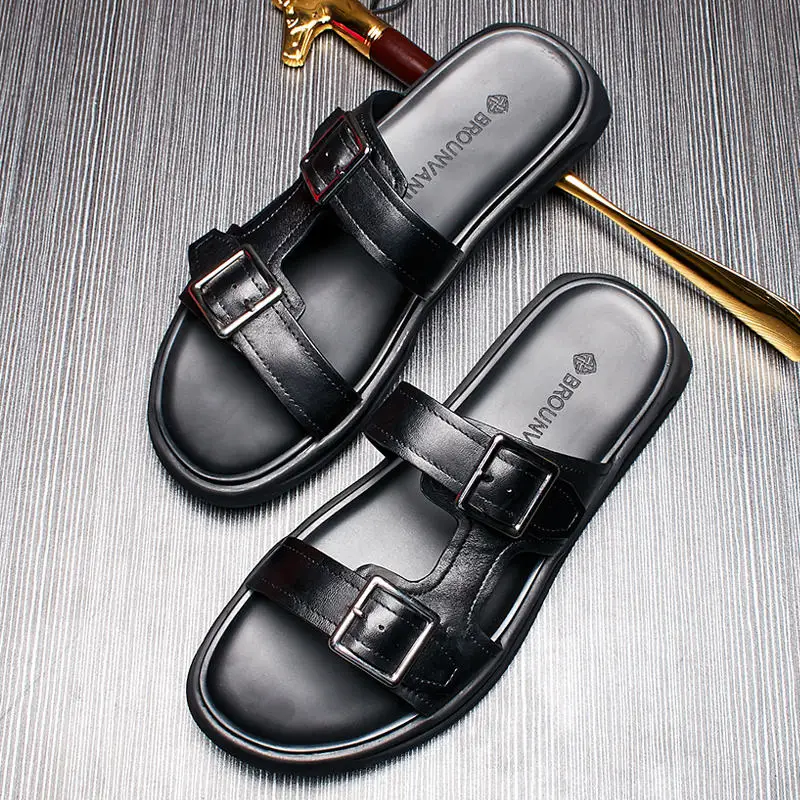 Slippers Men's Summer Sandals Trendy Man Buckle Belt Beach Shoes Outdoor Slippers Genuine Leather Slides