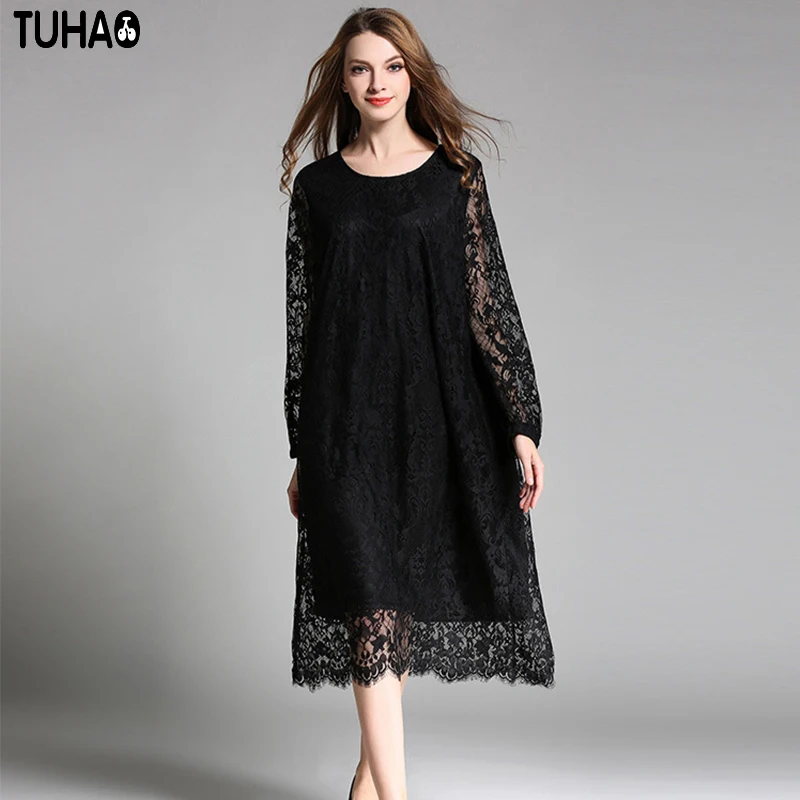 

TUHAO High Quality Lace Dress Large Sizes 4XL 2017 Autumn Woman Loose Vintage Dress Hollow Out Sleeve Knee Length O Neck JR05
