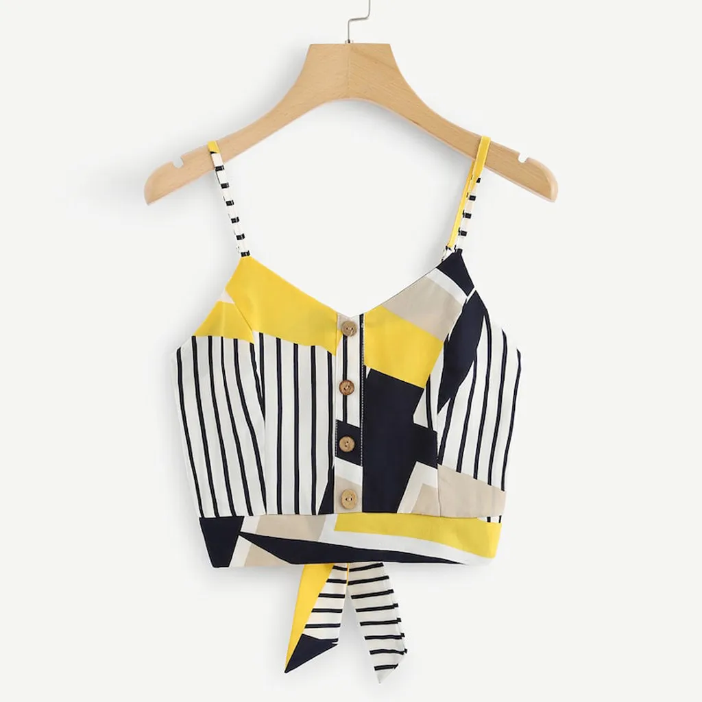 

Women's Bow Tie Back V Neck Button Splice Stripe Crop Cami Top Camisole Blouse