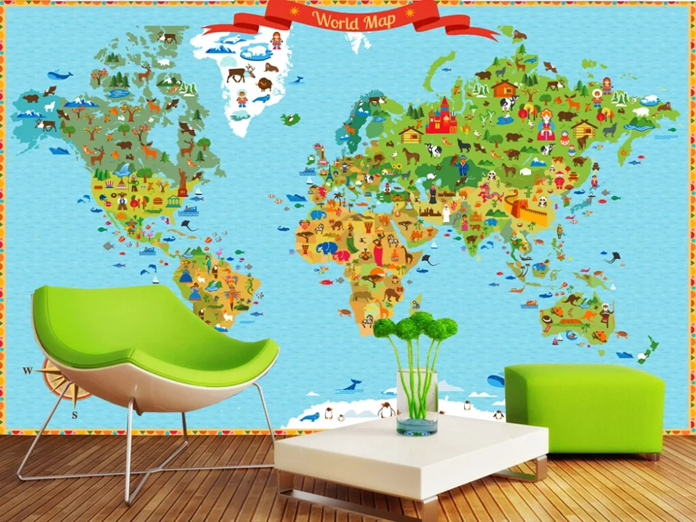 

Custom papel de parede infantil,Landmarks world map,3D cartoon mural for living room children's room park wallpaper