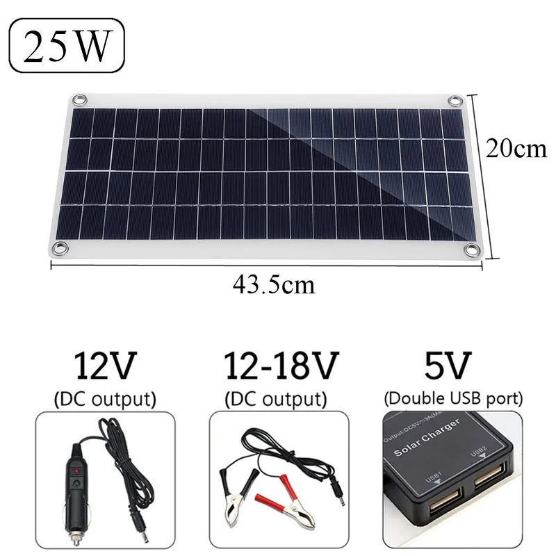 Solar Panel 25W 12V Double USB Portable Power Bank Board External Battery Charging Solar Cell Board Crocodile Clips Car charger