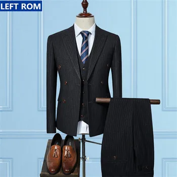 

2019 new men's three-piece set Double-breasted Men Suit Jacket +Pants + Vest Size S-3XL