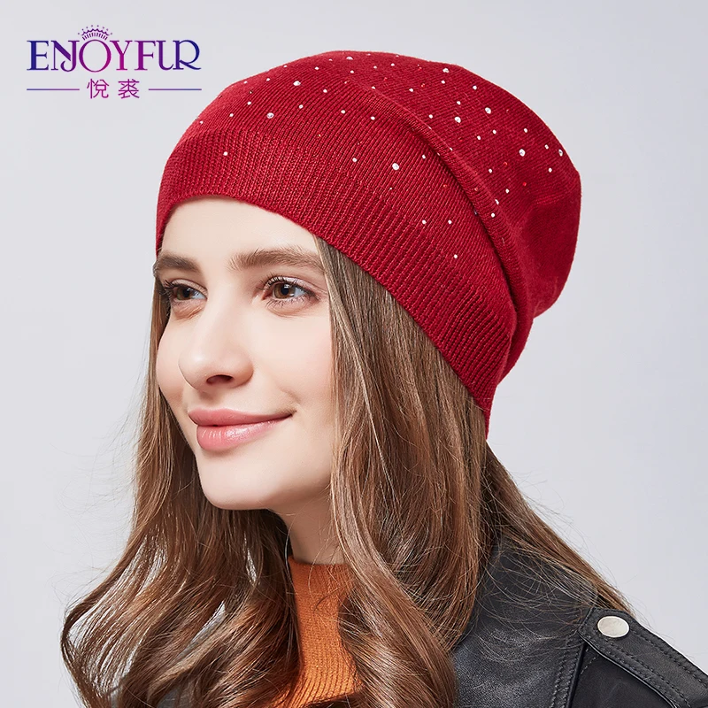 

ENJOYFUR Spring Autumn Hats For Women Knitted Wool Caps With Diamond Single Layer Female Hat 2018 Street Casual Hat