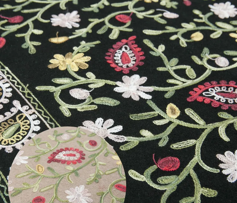 

150*100cmHigh quality heavy Cashew flower embroidery fabric embroidered 40%wool+60%polyester fabric for winter coat/dress/suits