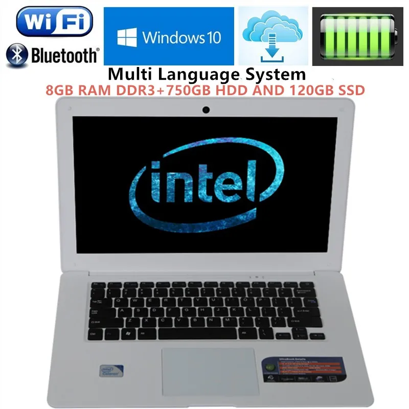 

14.1inch windows10 laptop Computer PC Intel Pentium N3520 2.16GHZ Quad Core 8GB DDR3+750G HDD+120GB SSD WIFI HDMI Slim Ultrabook