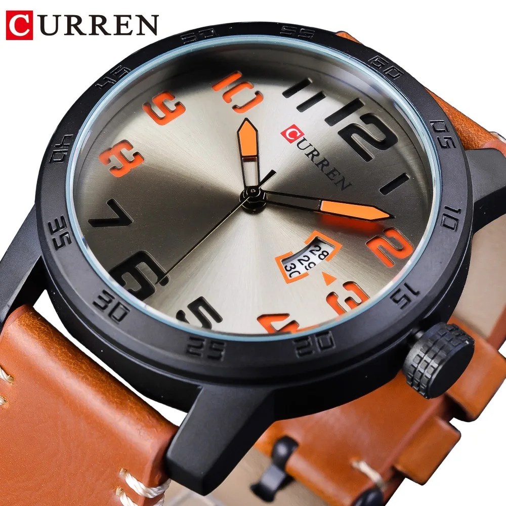 

CURREN Brown Genuine Leather Belt Laser Fashion Dial Sport Racing Design Mens Military Quartz Wrist Watch Top Brand Luxury Clock