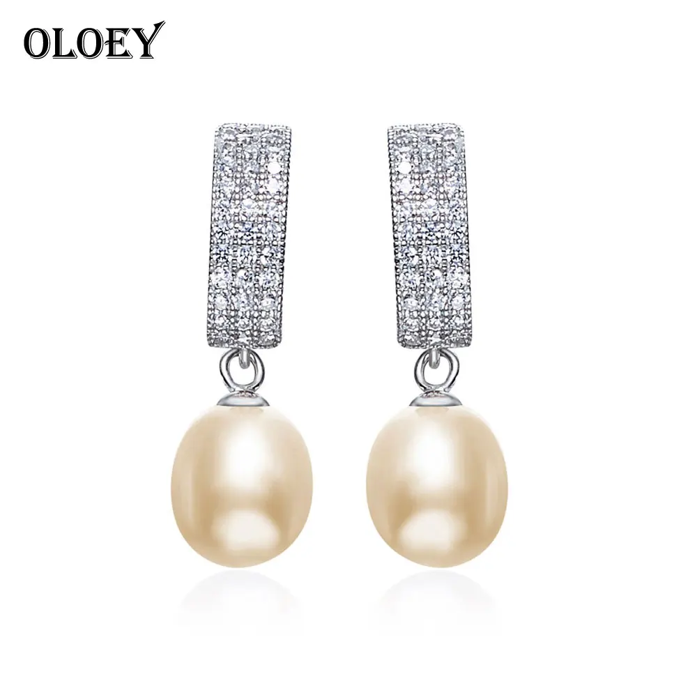 

OLOEY Natural Freshwater Pearl Earrings for Women Pure 925 Sterling Silver Dangle Earring Brinco Fine Accessories Jewelry YME011
